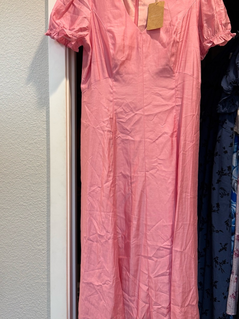 Rihoas Pink V-Neck Puff Sleeve Women's Dress size Large NWT